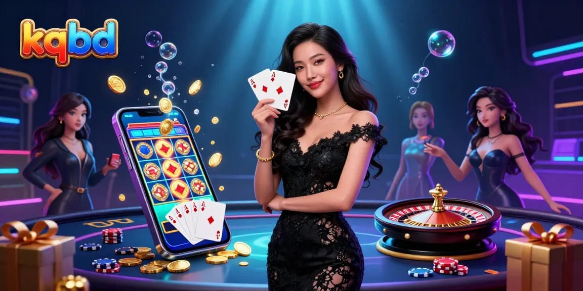 Experience kqbd with an elegant woman holding cards amidst dynamic casino elements.