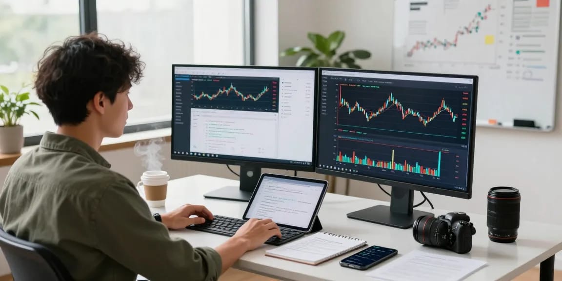 Real-time Forex API workspace featuring a developer analyzing spot gold real-time API trends with dual monitors and financial charts.