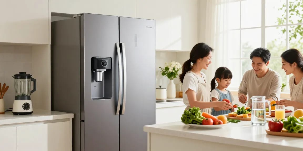 AQUACREST DW2042FR-09 Refrigerator Water Filter enhancing family meal prep with fresh filtered water in a bright kitchen.