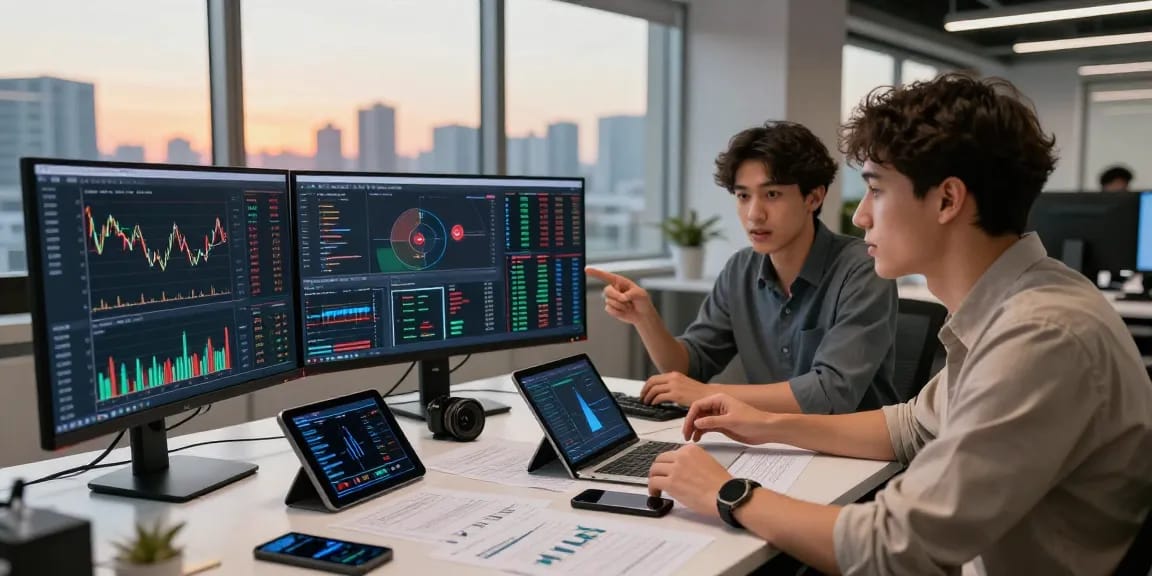 OKX crypto exchange reviews analyzed in a collaborative trading environment with screens showing market data.