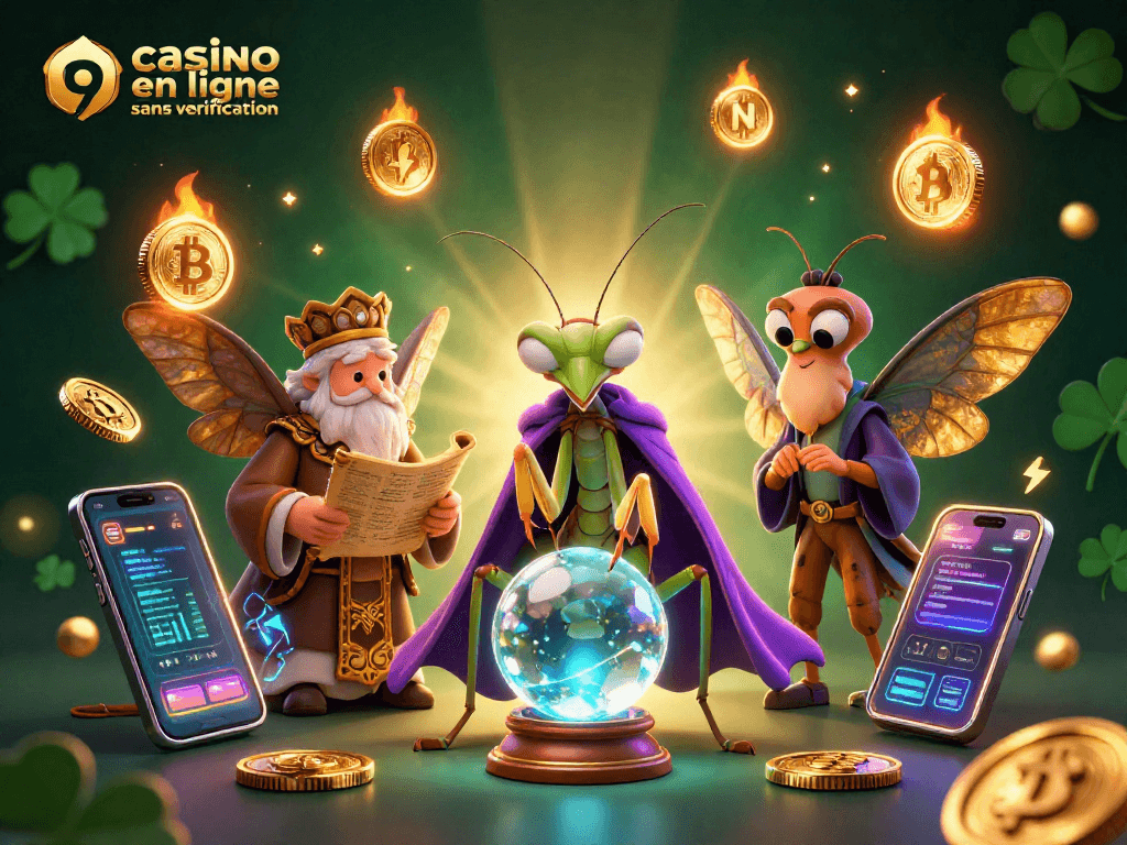 Illustration dynamique du casino en ligne sans vérification avec un mantes fortunée, un papillon sage et des éléments de jeu scintillants.