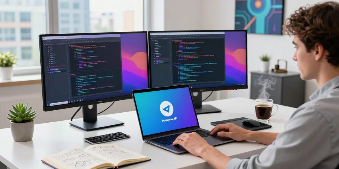 Using telegram chinese latest apk on a sleek desk with vibrant tech workspace elements.