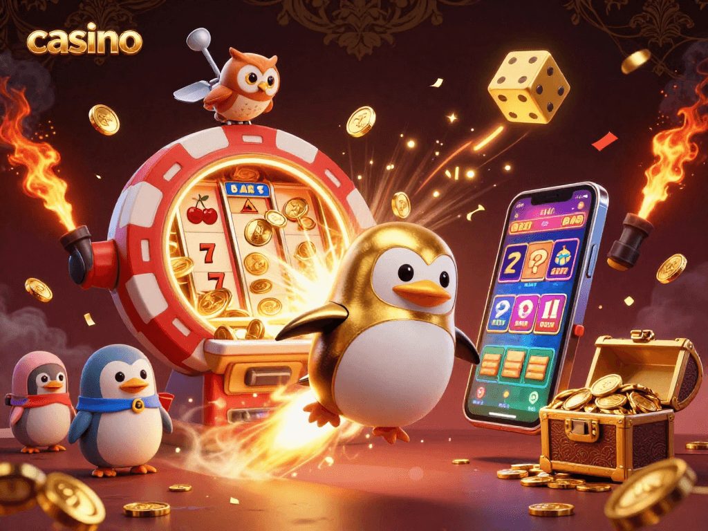 Experience the excitement of casino gaming with a vibrant 3D scene of the golden penguin in action.