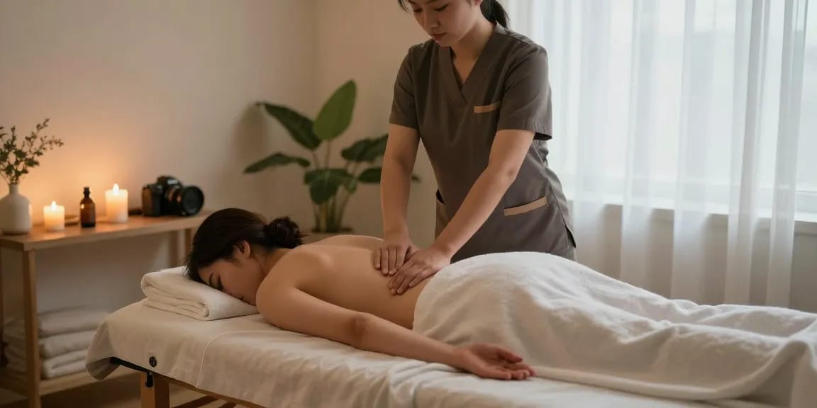 Relaxing 출장마사지 scene with a therapist and calming atmosphere, highlighting relaxation.