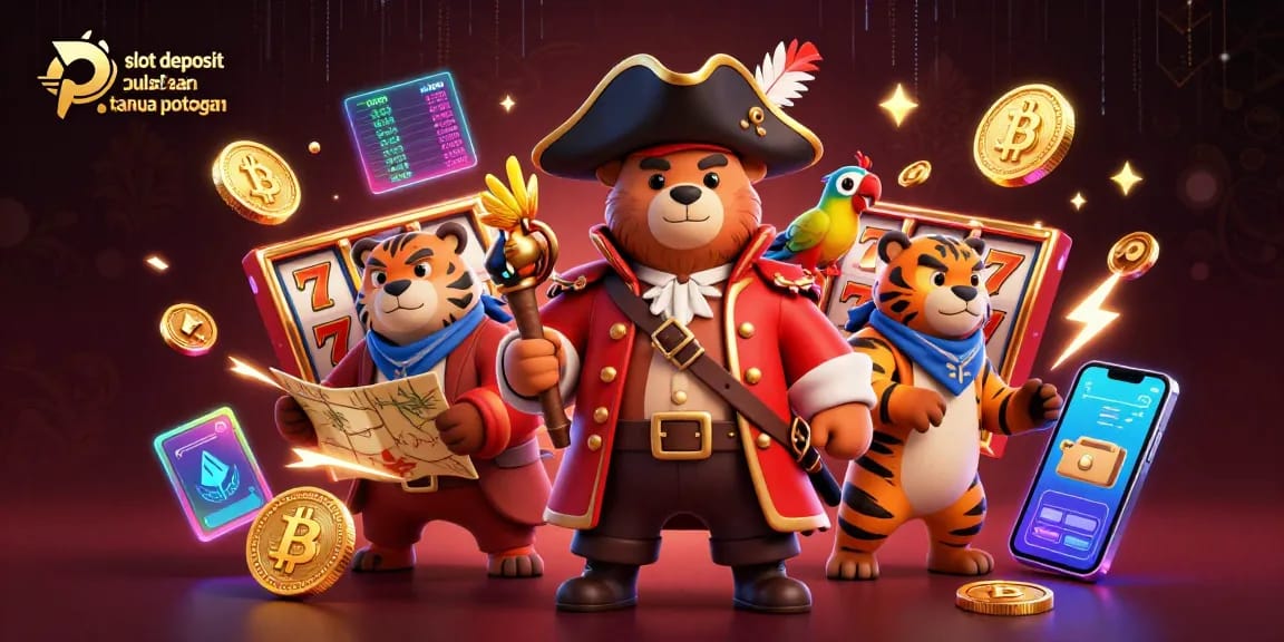 Menangkan di slot deposit pulsa tanpa potongan dengan gulungan slot dan simbol jackpot di antara karakter kartun.
