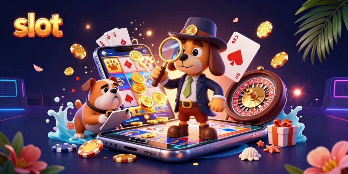 Spin the slot reels and discover treasure with a detective and bulldog in a colorful casino scene.