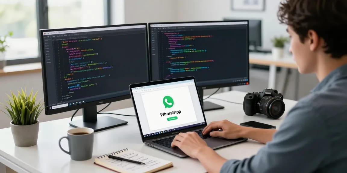 Developer using WhatsApp網頁版 for coding in a modern tech workspace