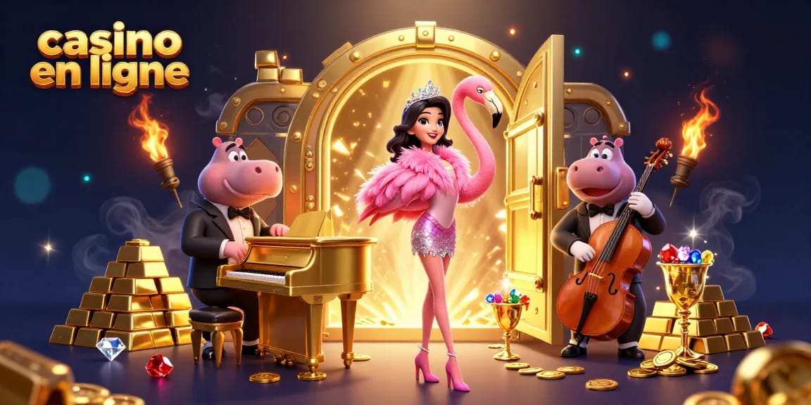 Rejoignez le plaisir au casino en ligne avec une illustration 3D dynamique d'un chanteur flamant rose et d'un bassiste hippopotame.