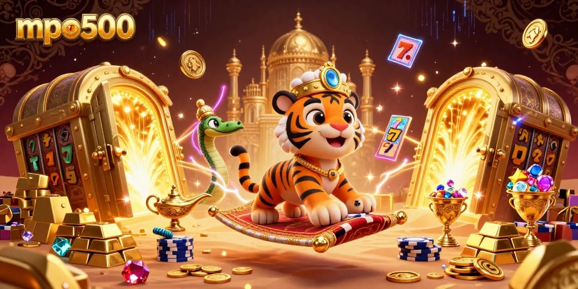 Experience the thrill of mpo500 with a magical casino scene featuring vibrant characters and treasures.