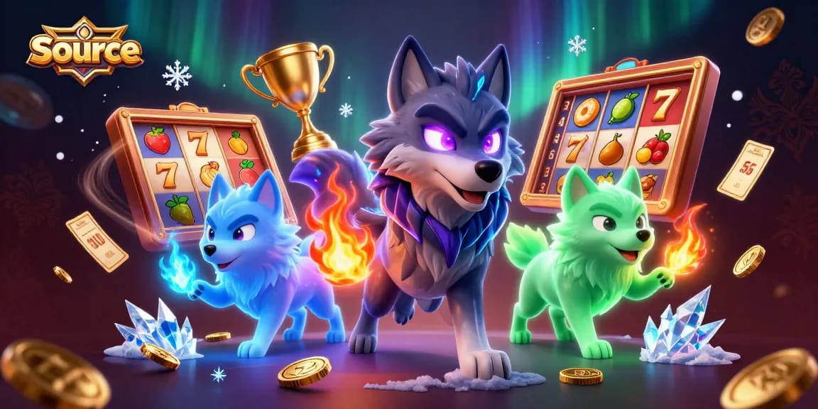 Experience thrilling gaming action with Source's captivating slots featuring glowing characters and vibrant game elements.
