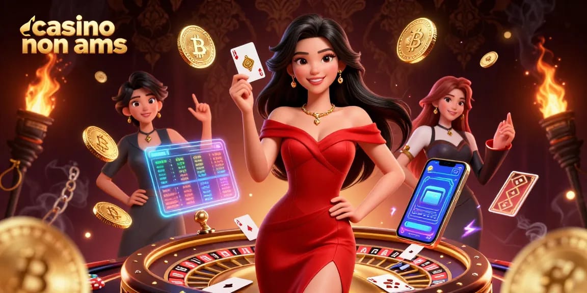 Partecipa a giochi emozionanti nei casino non aams con una donna asiatica accanto a una ruota della roulette, che mostra elementi crypto.