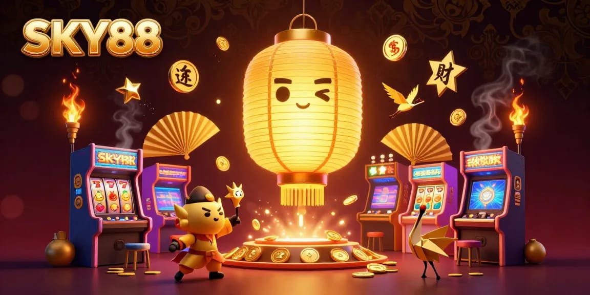 Experience the excitement of SKY88 with vibrant casinos and captivating games in this stunning 3D illustration.