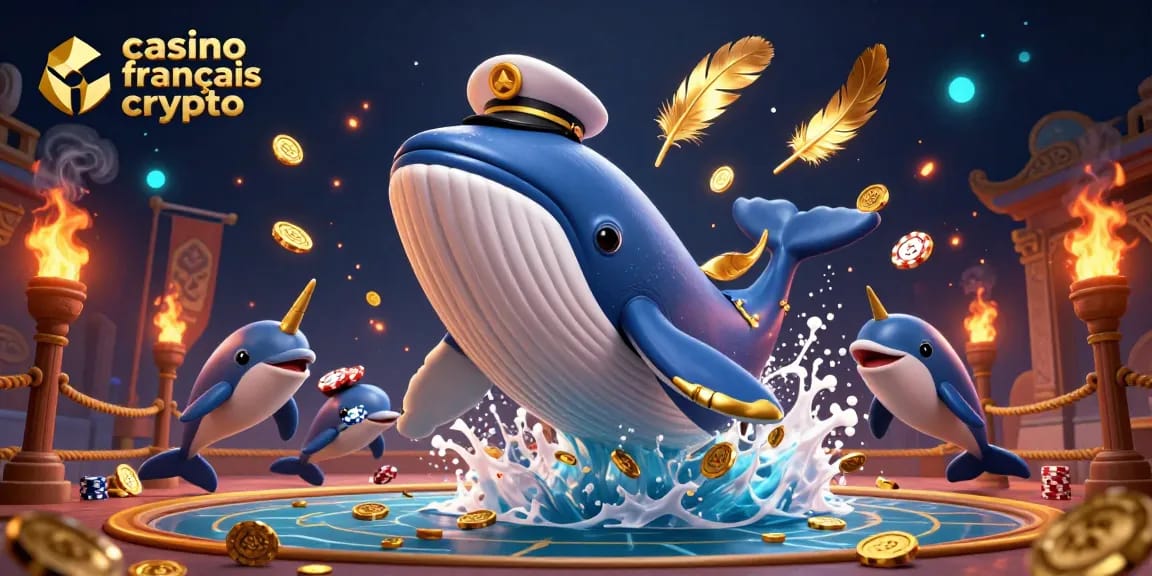 Découvrez une scène dynamique de casino français crypto avec des personnages colorés parmi des pièces d'or et des éléments de jeu excitants.
