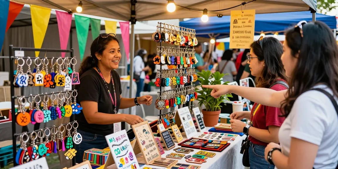 Shopper exploring personalized keychains at vibrant market stall, colorful designs and custom options.