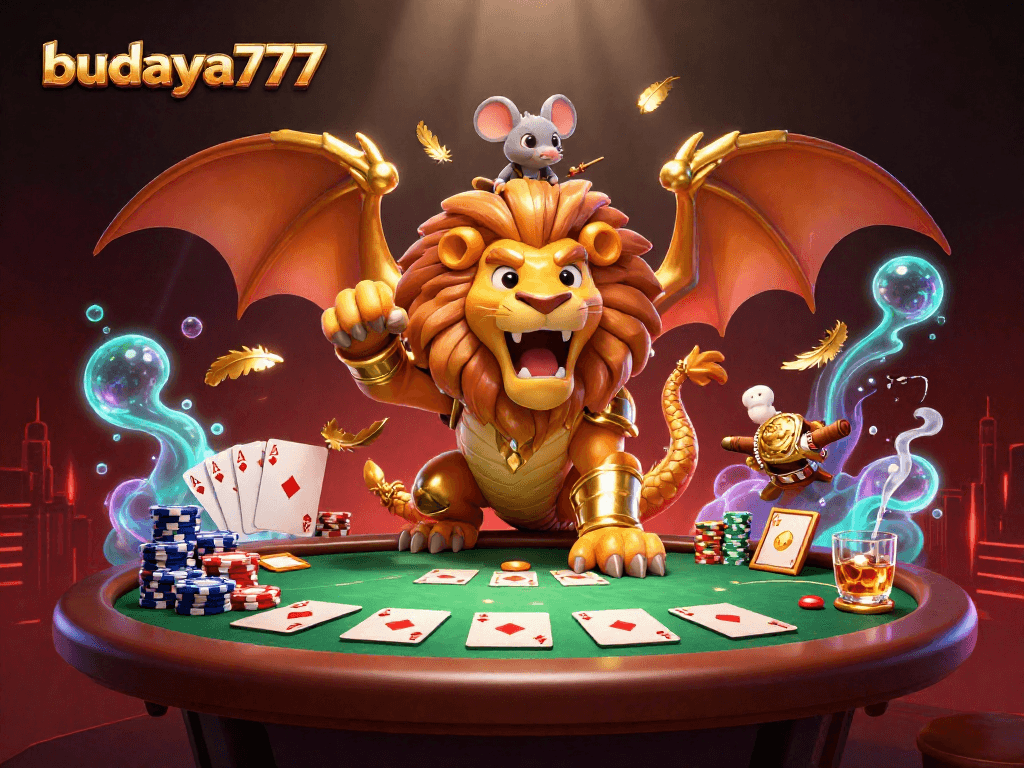 Menangkan permainan di budaya777 dengan ilustrasi kasino megah dan karakter fantastik.