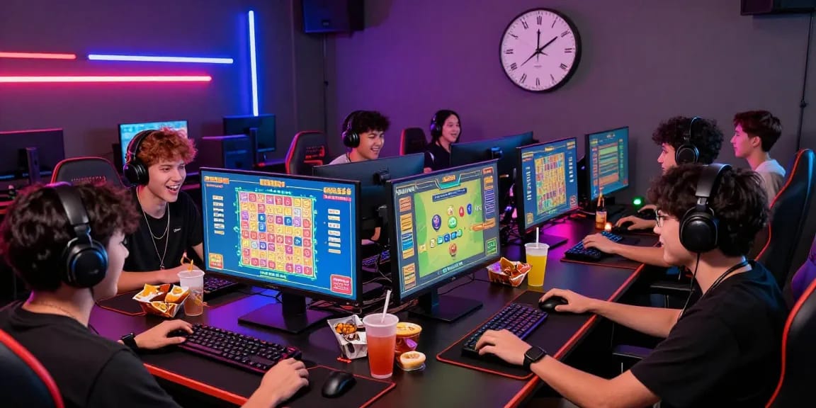Engaged players participating in link bandar togel online gaming session, vibrant atmosphere and colorful graphics.
