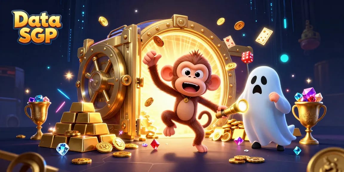 Experience thrilling Data SGP action with a playful ghost-hunter puppy and poltergeist monkey in a dynamic casino scene.