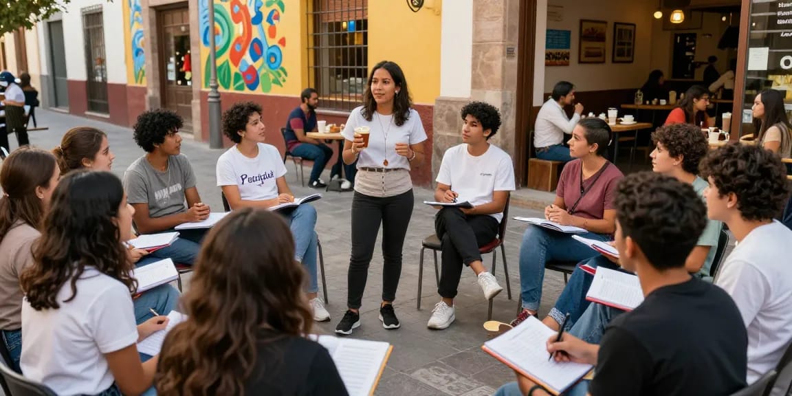 Cursos de español en España con estudiantes diversos participando en una animada clase de conversación en español en una ubicación vibrante de la ciudad.