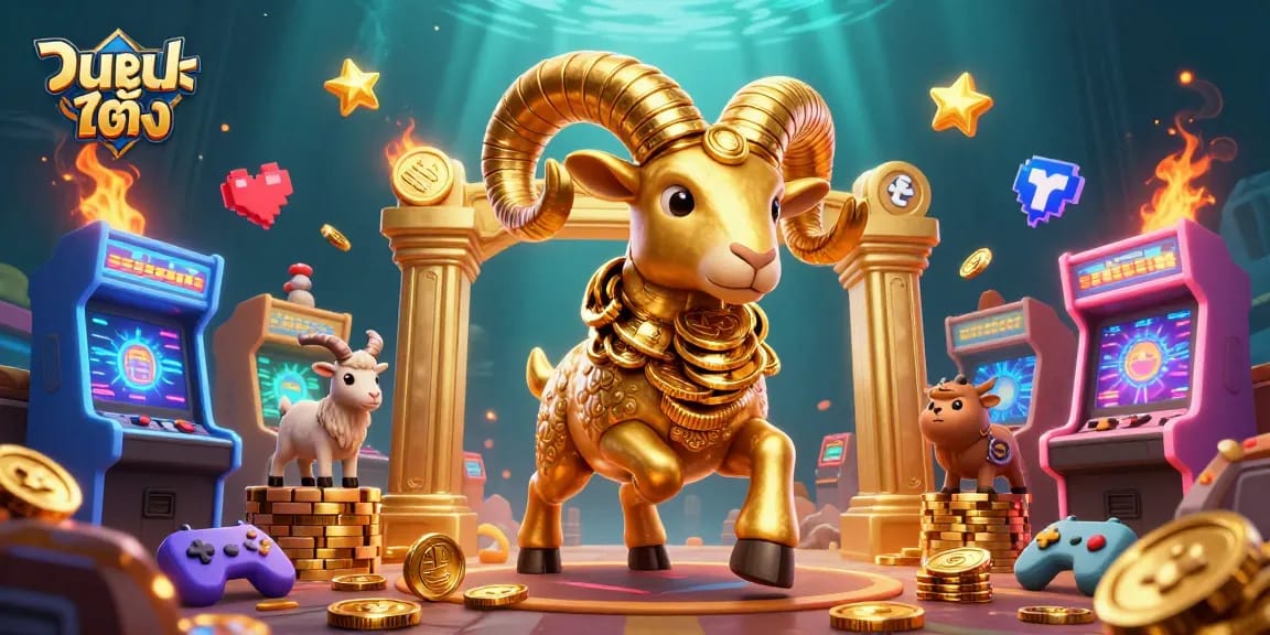 Experience แทงบอลเต็ง action with a powerful golden ram charging through a vibrant casino scene.