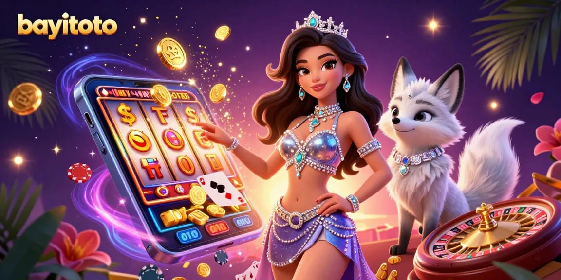 Join the excitement at bayitoto with vibrant slot games and golden jackpots overflowing from a smartphone.
