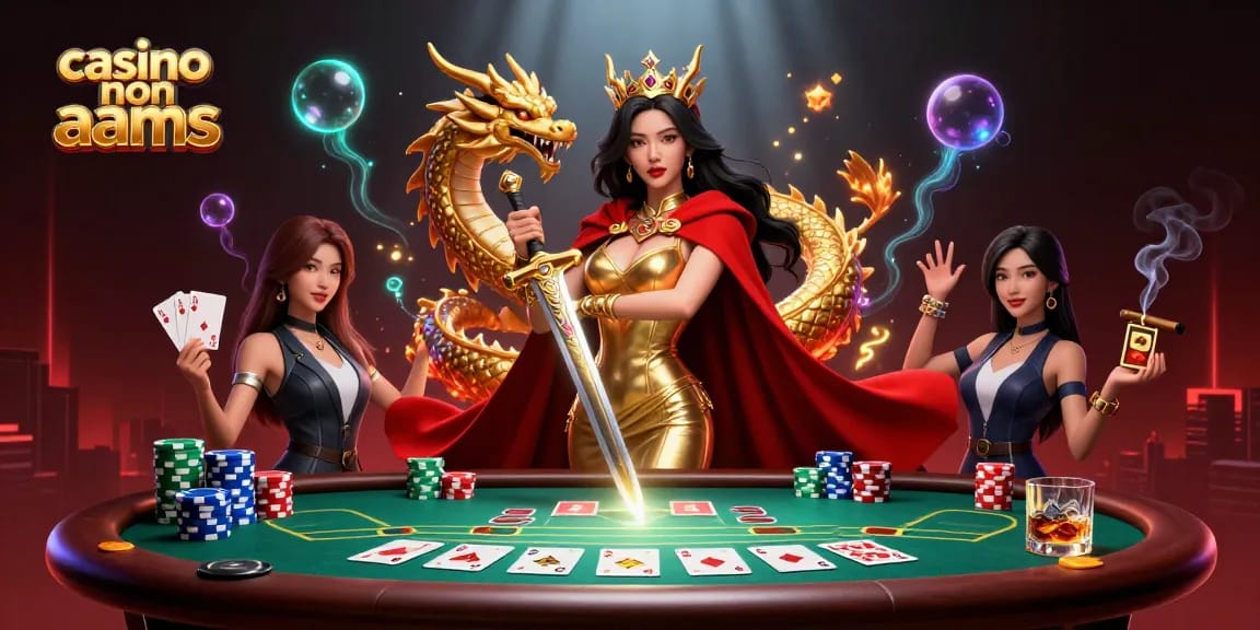 Scena di casinò non AAMS con una regina guerriera con spada d'oro ed elementi di poker