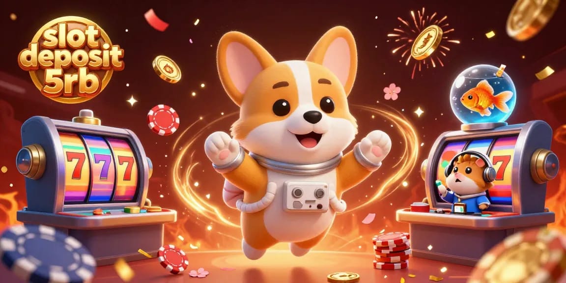 Experience the thrill of slot deposit 5rb with a cartoon astronaut corgi in a vibrant casino scene.