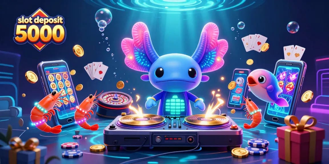 Bermain slot deposit 5000 dalam ilustrasi 3D penuh warna dengan DJ axolotl dan efek slot yang memukau.