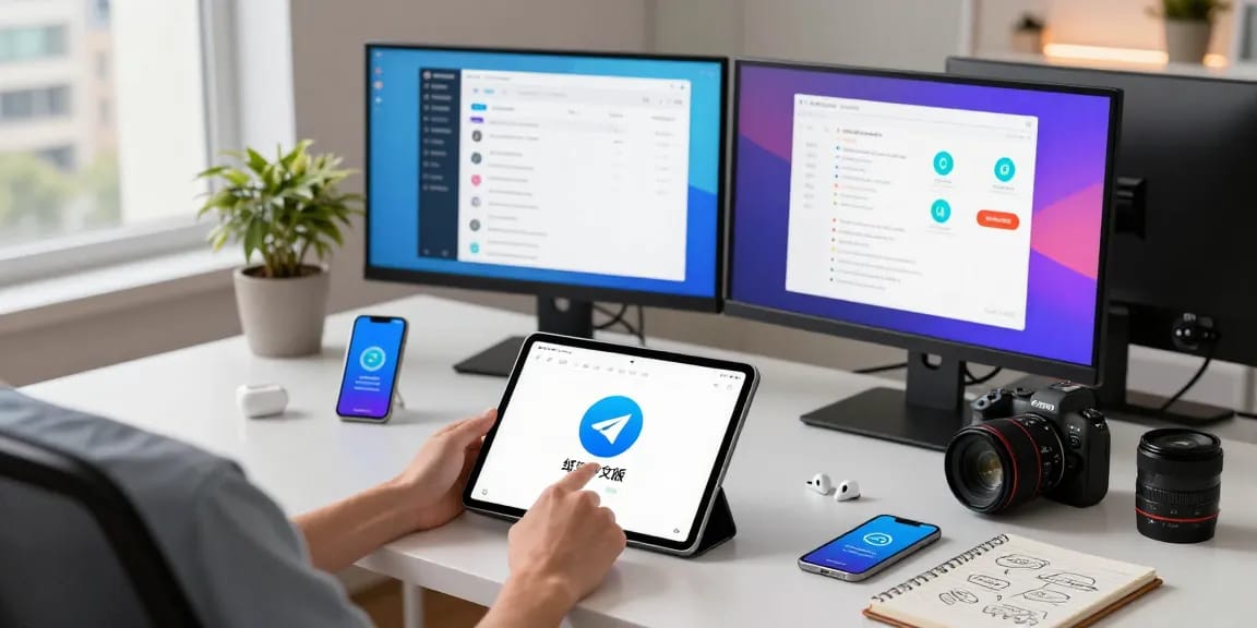 Engaging with 纸飞机中文版 app in a modern workspace, showcasing productivity tools and digital communication.