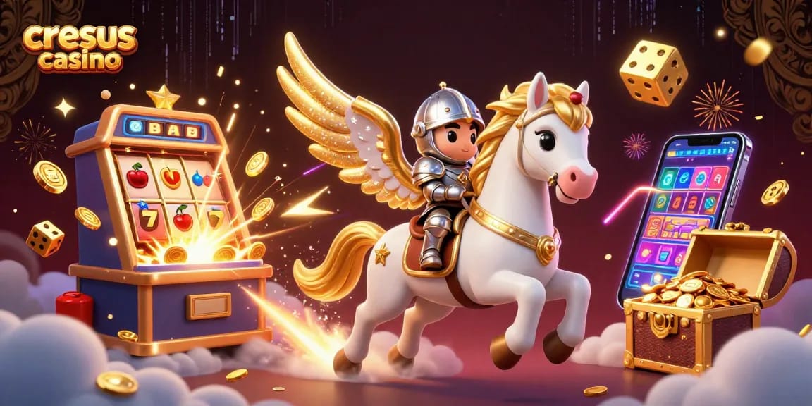 Cresus casino présente une scène envoûtante avec un cheval céleste et une explosion de jackpot, mettant en avant des éléments de casino vibrants.
