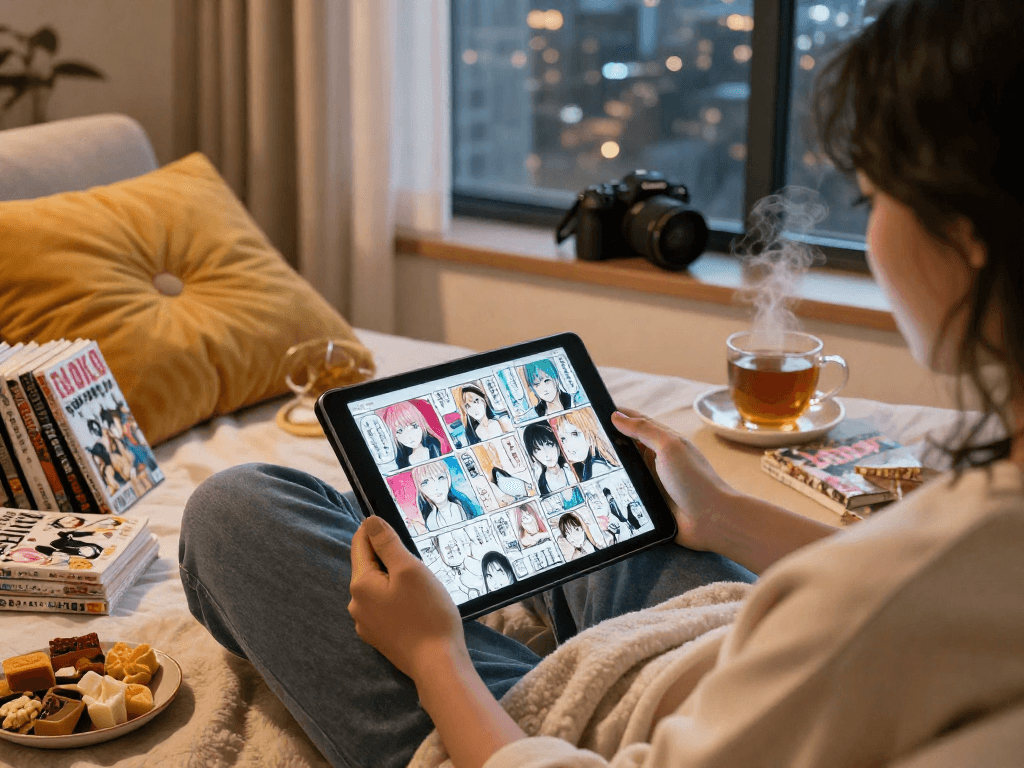 Adult reading manga on a tablet with colorful panels in a cozy setting, highlighting the joy of Source exploration in 2026.