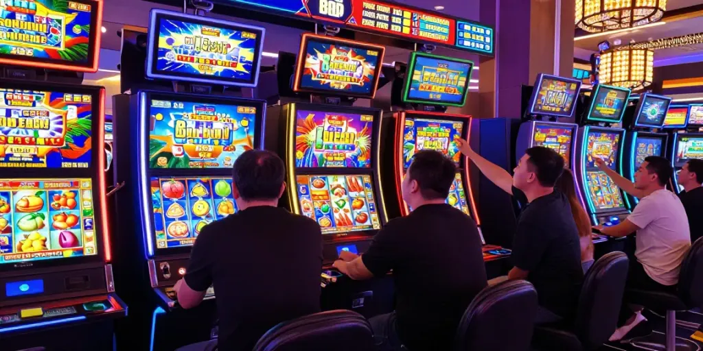 Pengalaman bermain slot777 yang seru di kasino online dengan pemain bersemangat dan mesin slot berwarna-warni.