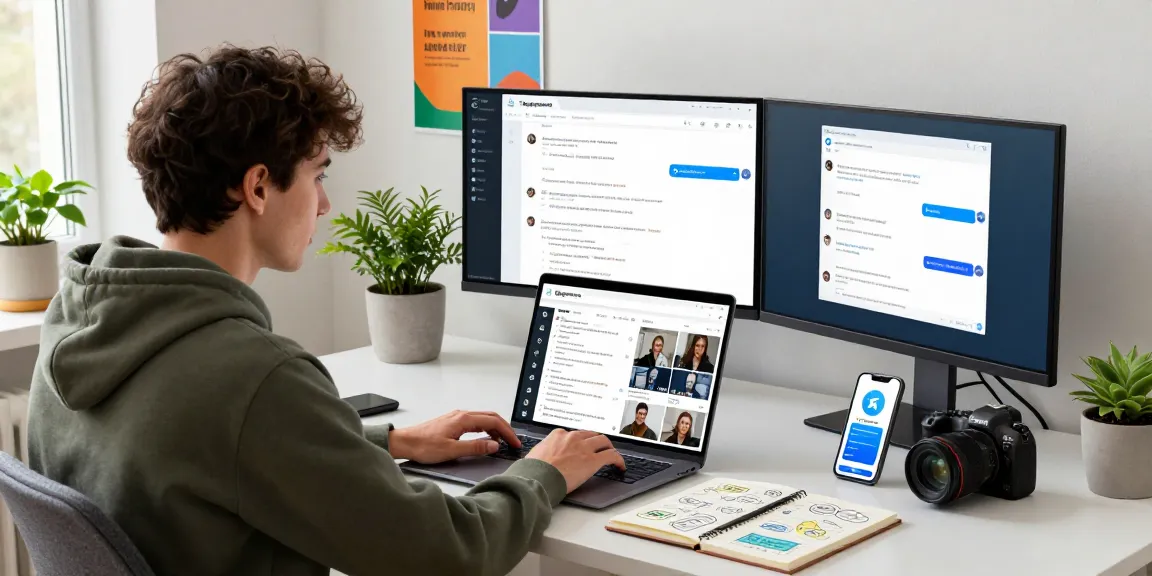 Engaging workspace showcasing telegraimin.com interface on a laptop amidst modern tech elements and vibrant atmosphere.