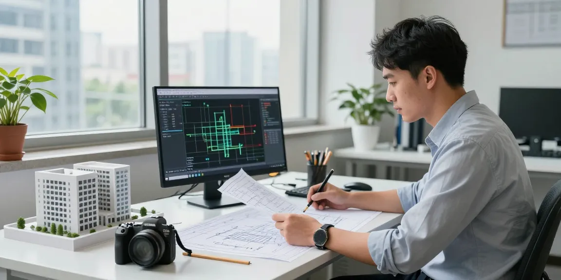 Engaged structural engineer in Missouri analyzing blueprints with advanced tools in a professional office setting