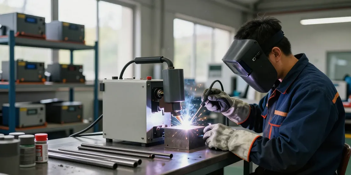 Technician operating an induction welder in a well-lit industrial workshop, showcasing advanced welding technology.