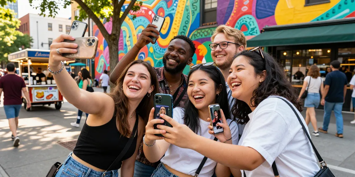 Friends using a celebrity look alike app on smartphones in a vibrant street.