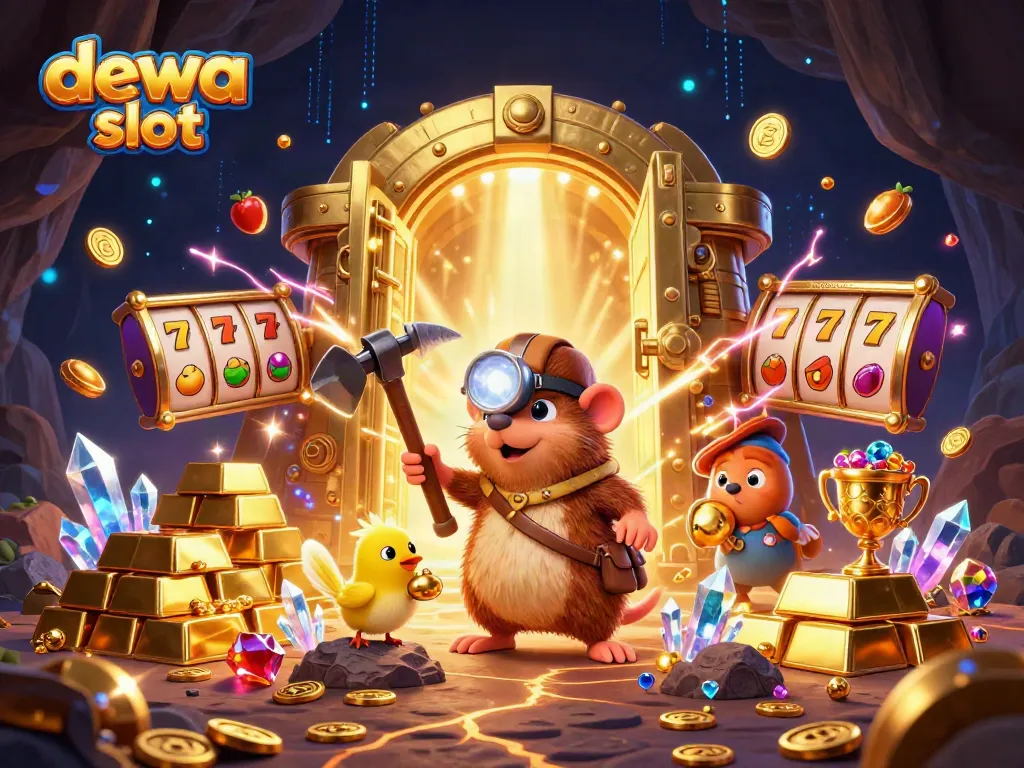 Gali keberuntungan di dewa slot dengan karakter unik dalam ilustrasi 3D penuh harta.