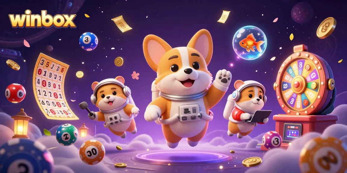 Winbox casino showcasing a 3D cartoon corgi astronaut amidst floating poker chips and lottery balls.