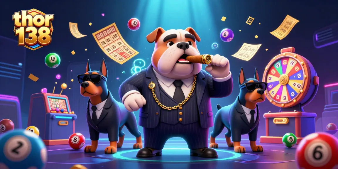 Menghadirkan thor 138, ilustrasi kasino digital dengan karakter kartun bos mafia dan detail permainan lotere yang menarik.