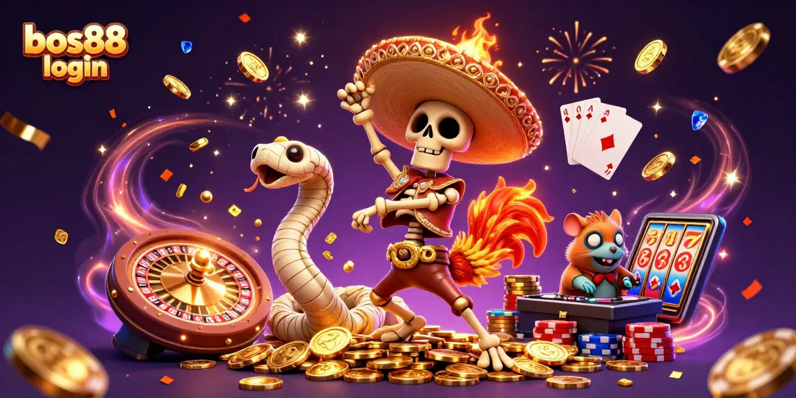 Experience the excitement of bos88 login with a vibrant 3D casino illustration featuring unique characters and thrilling game elements.