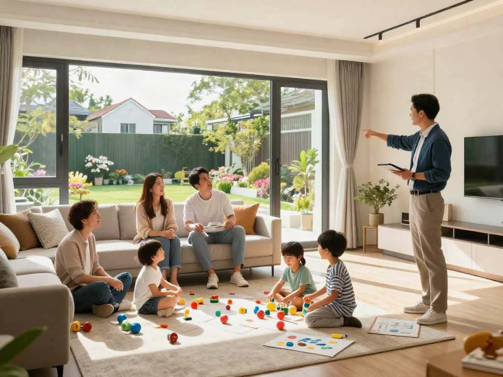 A family exploring a modern home with a spacious living room, discovering features while enjoying the slot 10k property experience.