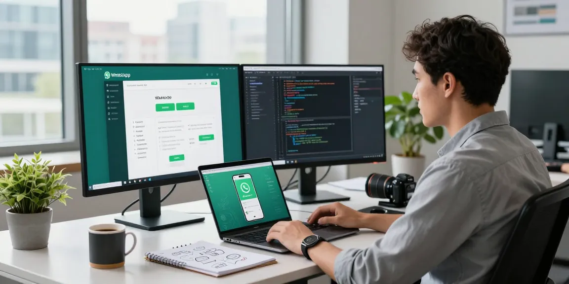 Developer using WhatsApp網頁版 in modern office, showcasing productivity and innovation.