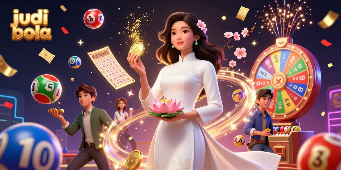 Engage in judi bola excitement with vibrant lottery elements and an elegant Vietnamese woman amidst a festive atmosphere.