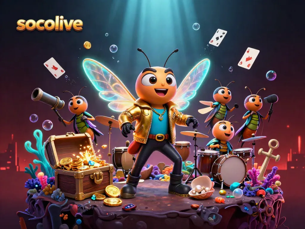 Socolive showcases a vibrant scene with the rock star hero and casino elements like treasure and playing cards.