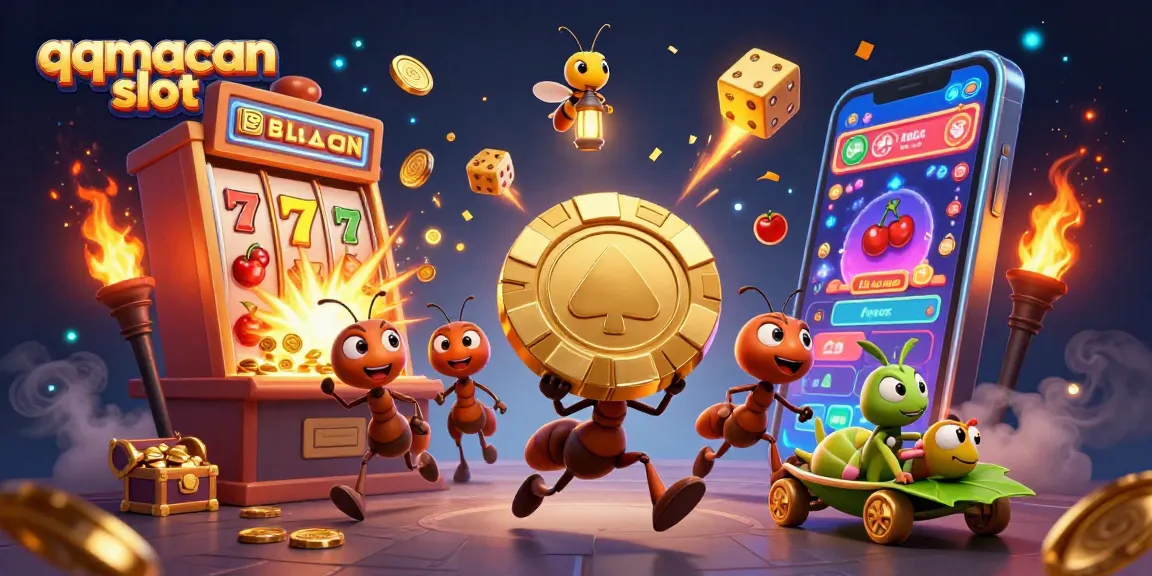 Experience the thrill of qqmacan slot with ants heisting golden poker chips amidst a dazzling casino backdrop.