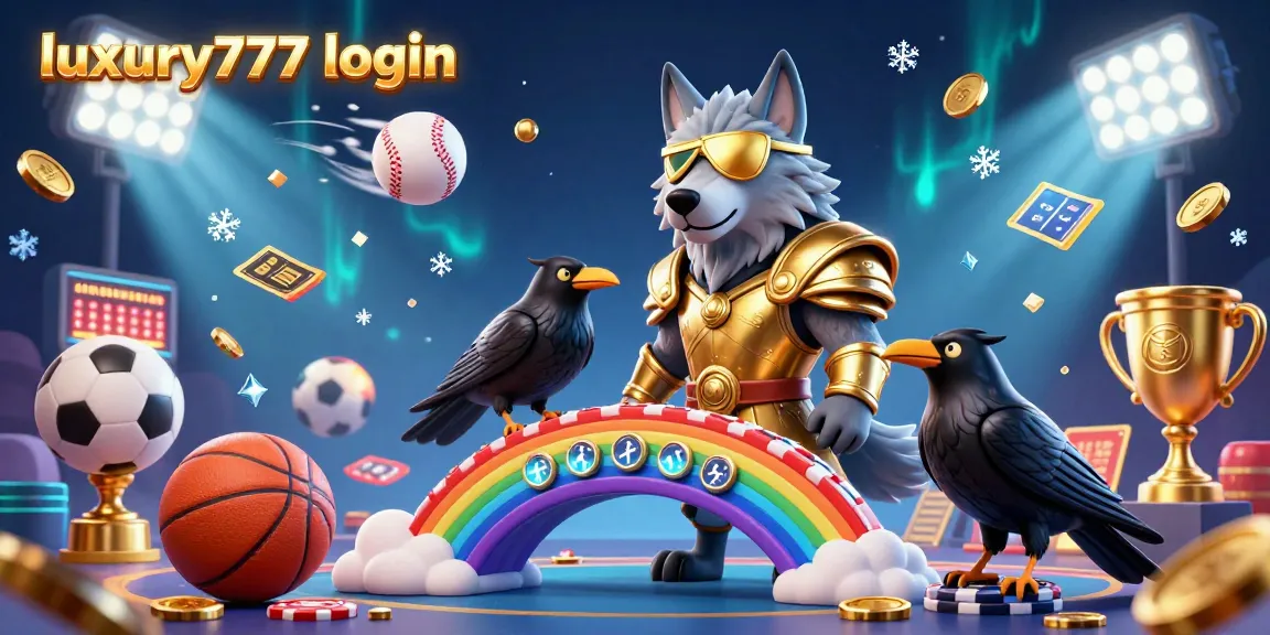 Experience luxury777 login with a vibrant 3D illustration showcasing Odin and dynamic sports elements in a casino-themed scene.