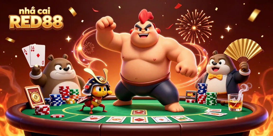 Experience the excitement of nhà cái RED88 with engaging characters in a vibrant casino scene.