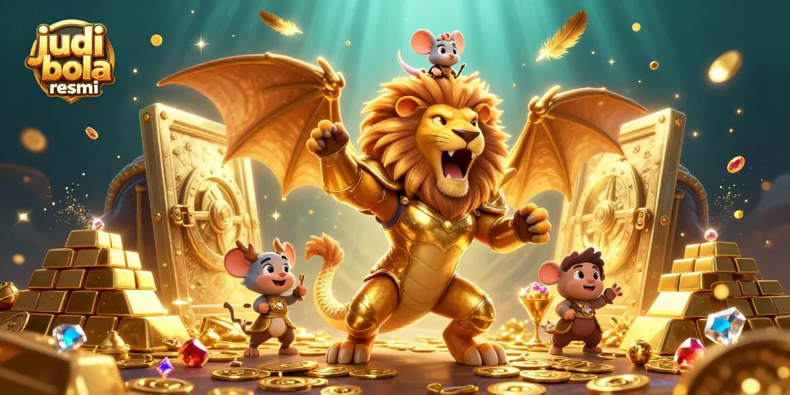 Bet on judi bola resmi with a golden chimera and treasures in a vibrant 3D illustration.