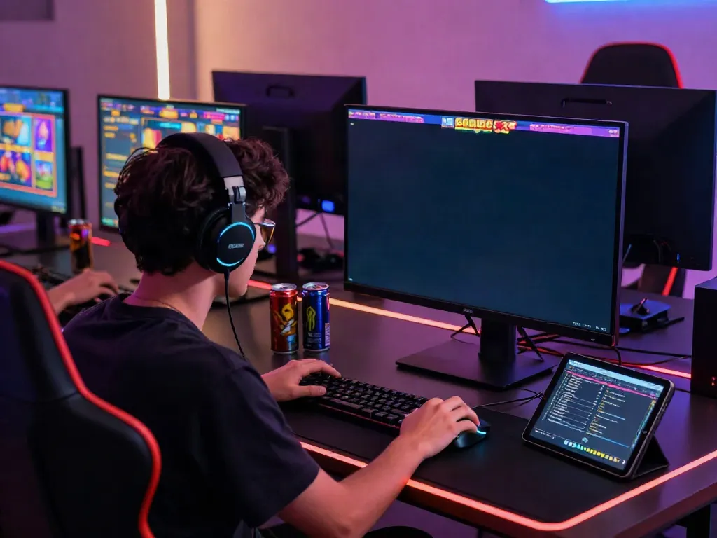 Player enjoying an intense slot gacor game session with vibrant gaming setup and monitors.