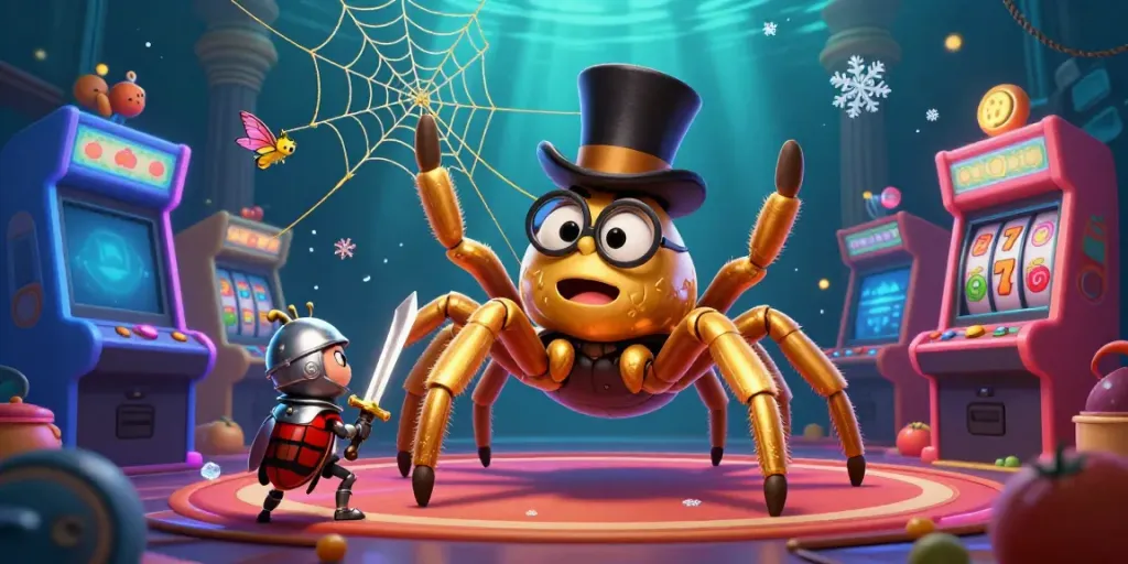 Engage with slot online action in a vibrant 3D casino scene featuring a golden tarantula and beetle knight.