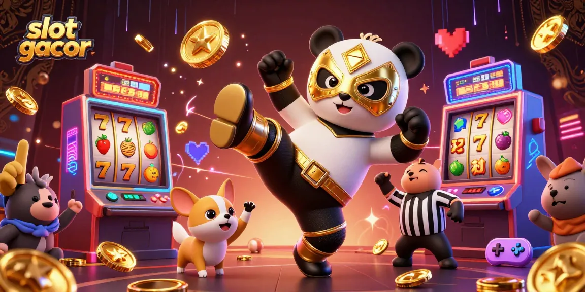 Engage with slot gacor action through a colorful 3D scene featuring a panda wrestler and exciting casino elements.